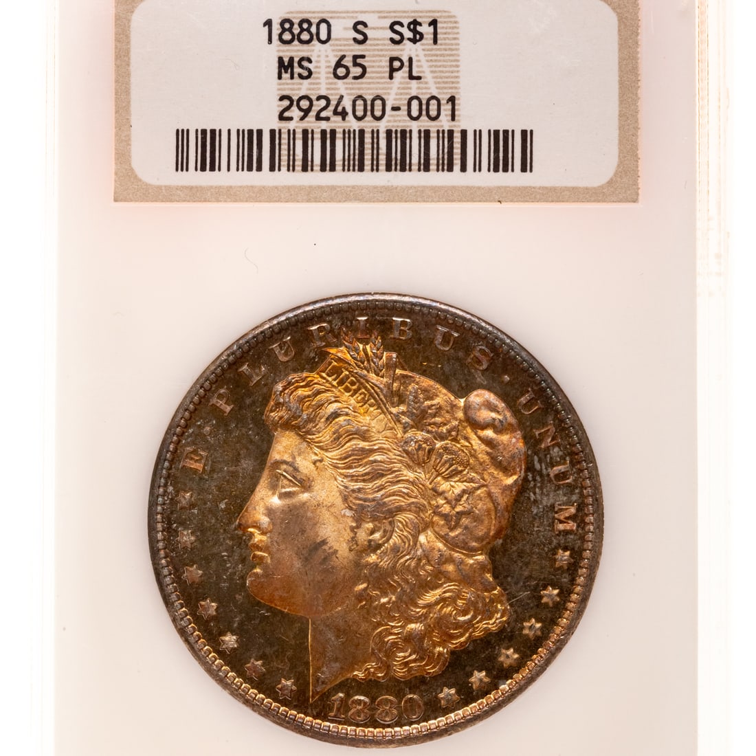 1880-S Morgan NGC 65PL Wonderful Gold Toning: For those that like Proof Like coins and beautifully toned coins, this should be a present. Stunning gold toning envelops the obverse has russet gold album toning From the Estate of Dr. William F. Fri