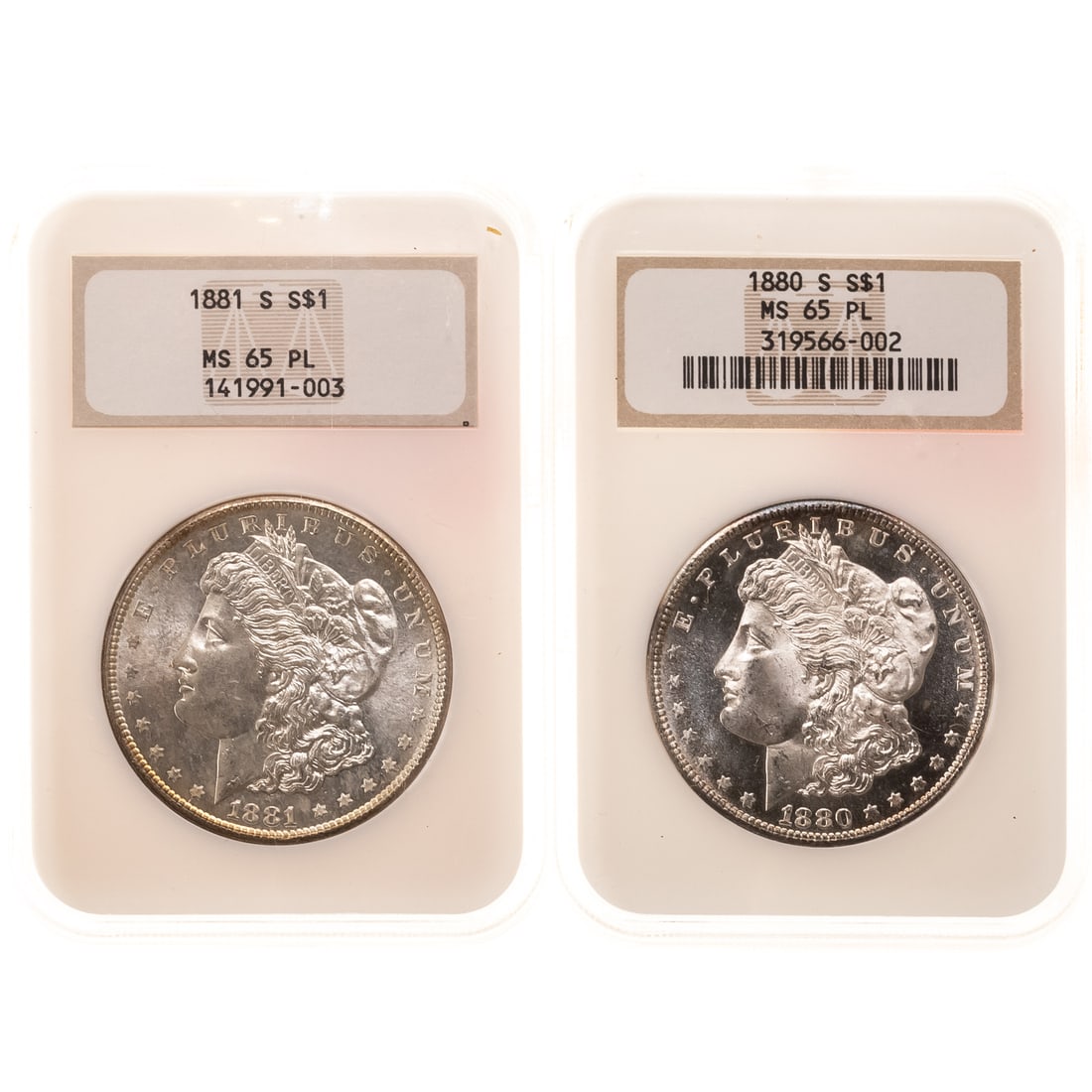 Two 1880-S NGC MS65 PL Morgan Dollars: Both in fatty holders with very light toning on obverses and slightly more on reverses and of course, great mirrors From the Estate of Dr. William F. Fritz, Baltimore, MD