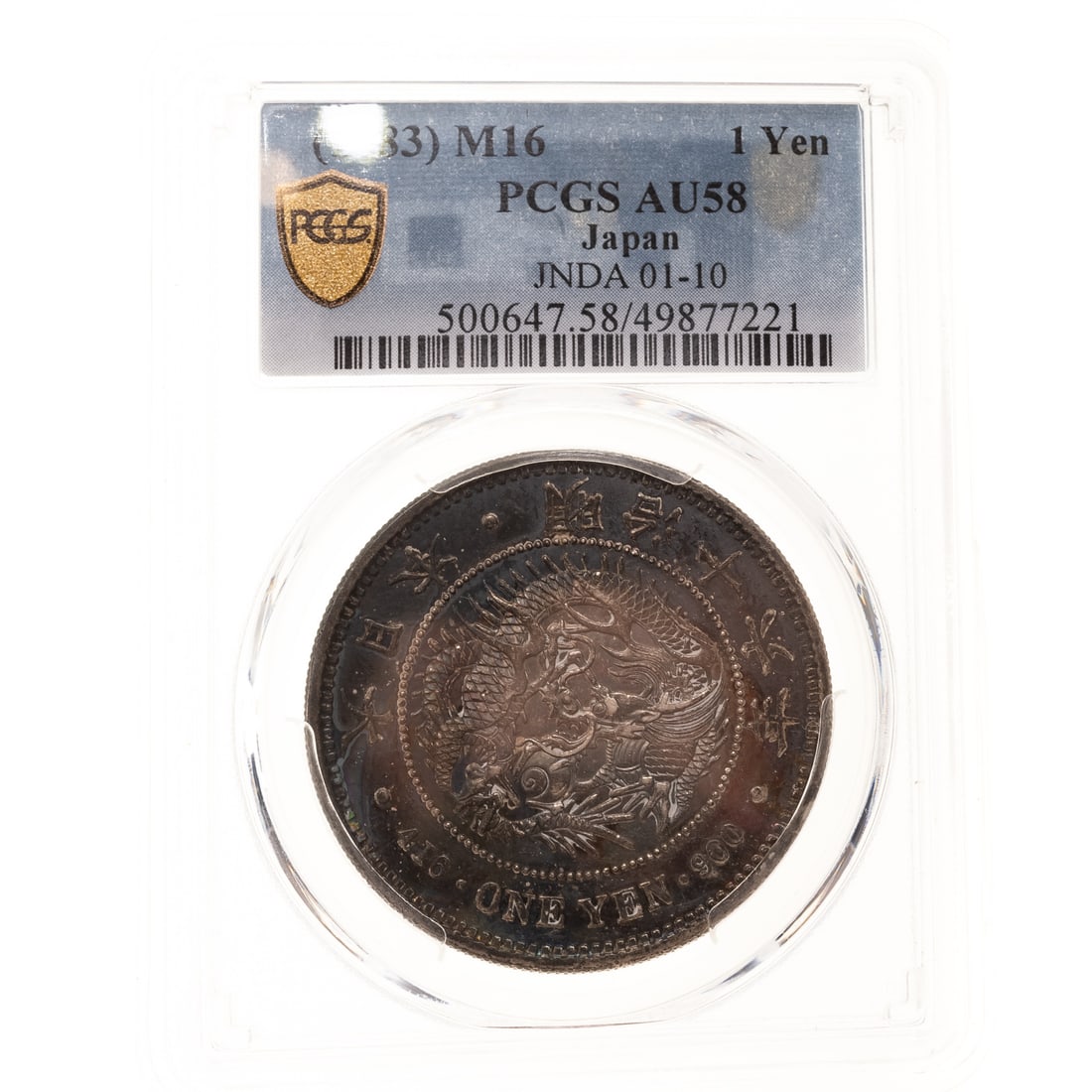 1883 M16 Japanese 1 Yen JNDA 01-10 PCGS AU58: Fresh from PCGS (Gold Shield) graded AU58, this coin has a strong strike over areas of proof-like mirrors and multi-color toning of teal, aqua and light champagne rose. A lovely coin that has lots of 