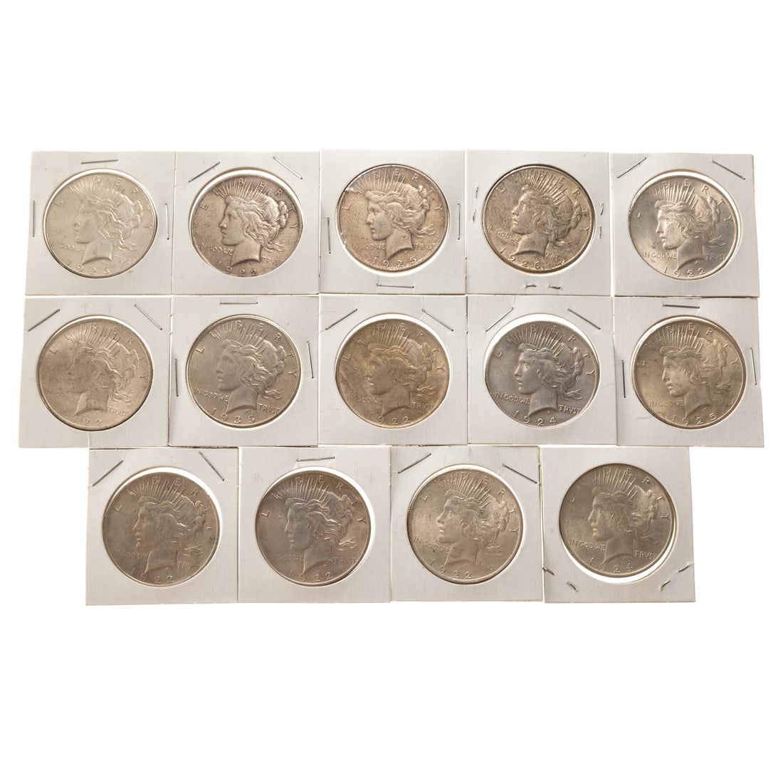 14 Peace Dollars: 6-1922 AU58, AU and AU53, Xf residue on reverse, XF and AU; 1923 XF45, 2-1924 AU55 and XF Cleaned, 2-1925AU and VF; 2-1926-S Xf, XF45 and 1935 XF45