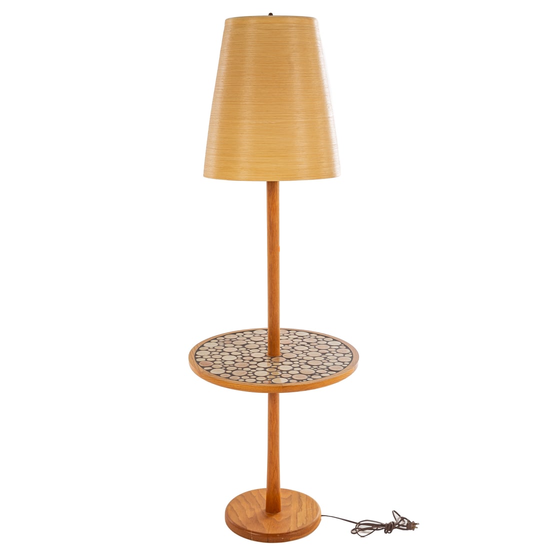 Mid-Century Modern Gordon & Jane Martz Floor Lamp: 20th century, walnut with collage of small inset circular tiles on table, having original shade, 58 inches full height, 19 in. Diam. of table section