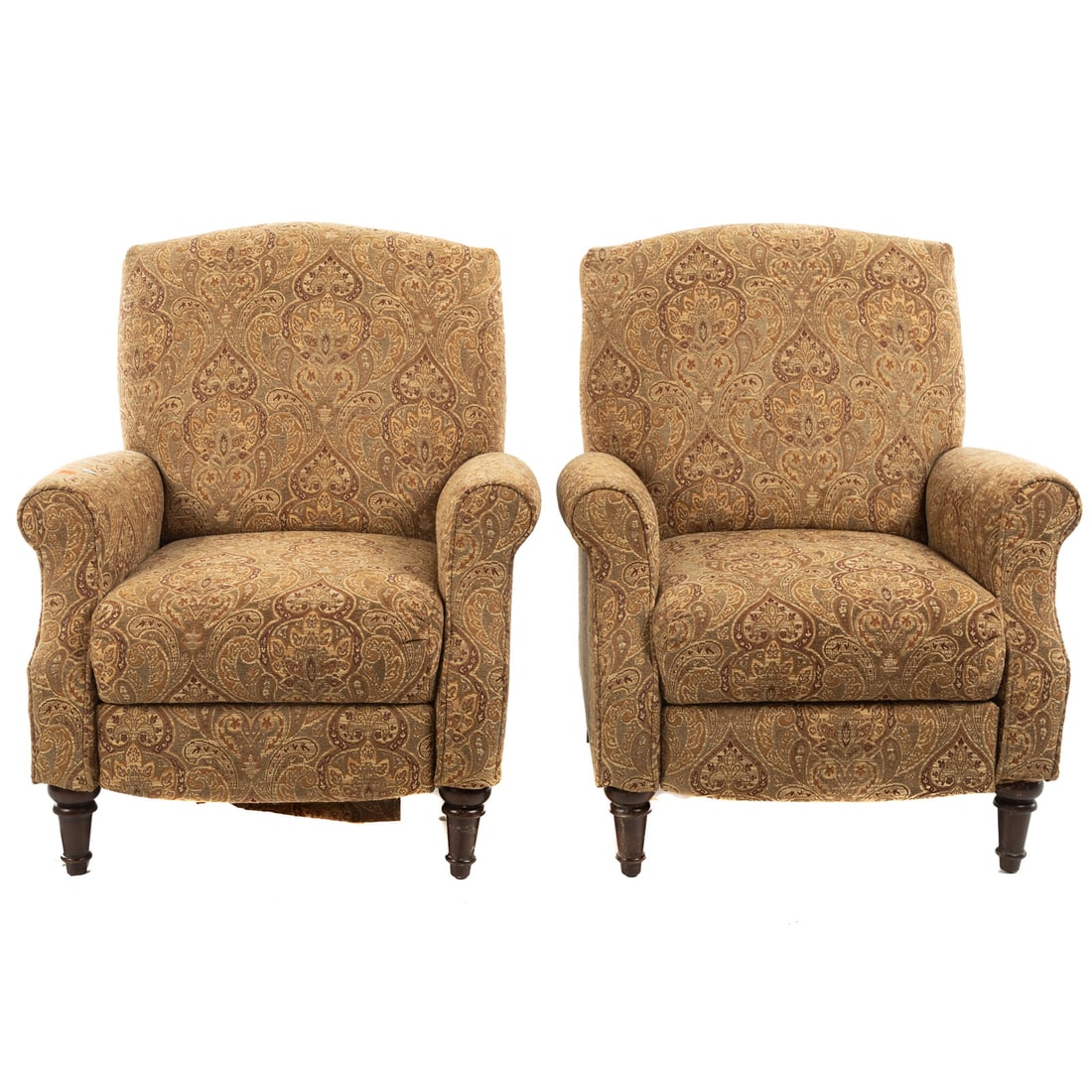A Pair of Lane Upholstered Recliners: 21st century, turned wood legs, tapestry upholstery, 37 in. H, 32 in. W, 30 in. D