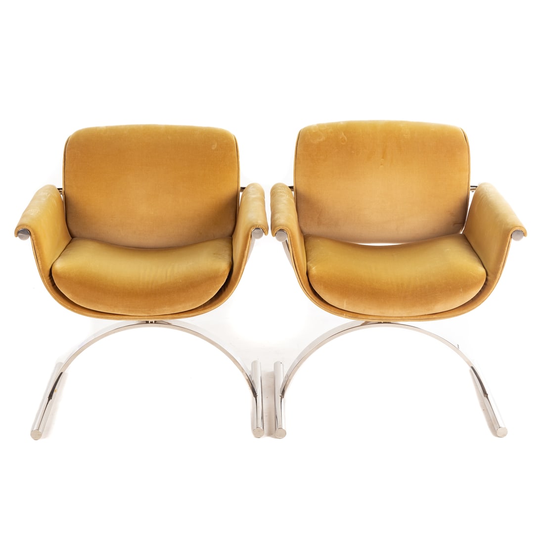 A Pair of Warren Platner, Lehigh Leopold Chairs: Circa 1970s, heavy polished nickel frame with yellow velvet upholstered back, arms and seat, unmarked, 31 in. H, 26 in. W, 18 in. D