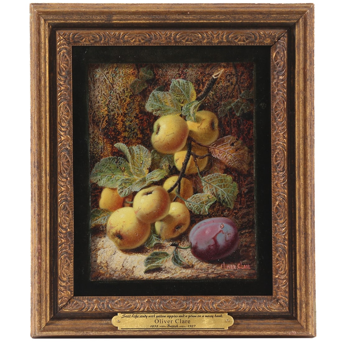Oliver Clare. "Still Life Study with Yellow Apples and a Plum on a Mossy Bank," oil (1 of 3)