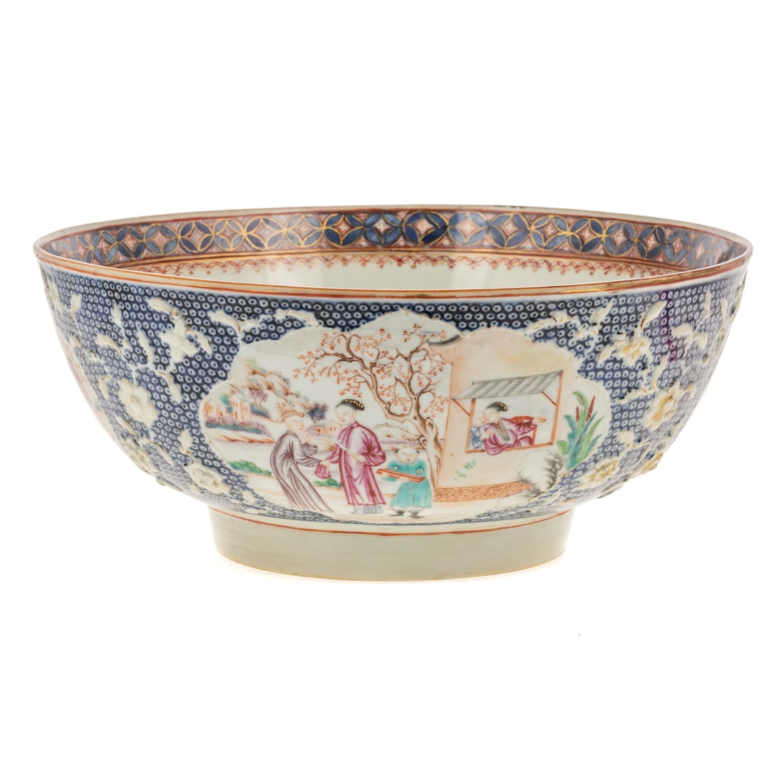 Extremely Rare Chinese Export Erotic Scene Bowl: Qianlong era, circa 1760-70, footed Mandarin pattern bowl with blue cherry blossom ground with vignettes of figures in exotic garden,raised floral and vine decoration, interior with border and figural