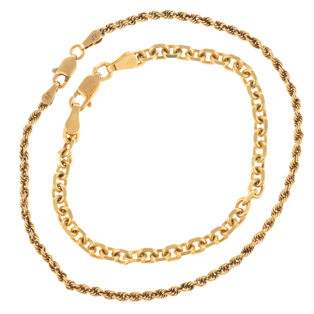 Two Chain Link Bracelets in 14K & 18K: 1) 14K yellow gold rope chain bracelet with lobster clasp, 2 mm W, 7 1/2 in. L, and 2) 18K yellow gold open link bracelet with lobster clasp, 5.75 in. L, 9.2 grams tw (3.1 grams of 14K and 6.1 grams o