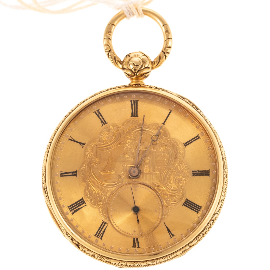 A Henry Dubois Engraved Pocket Watch in 18K: c. 1850s 18K yellow gold pocket watch by Henry Dubois, fine engraved gold dial depicting marine and city scene with Roman numerals and second hand sub dial and engine turning on back cover, inside mov