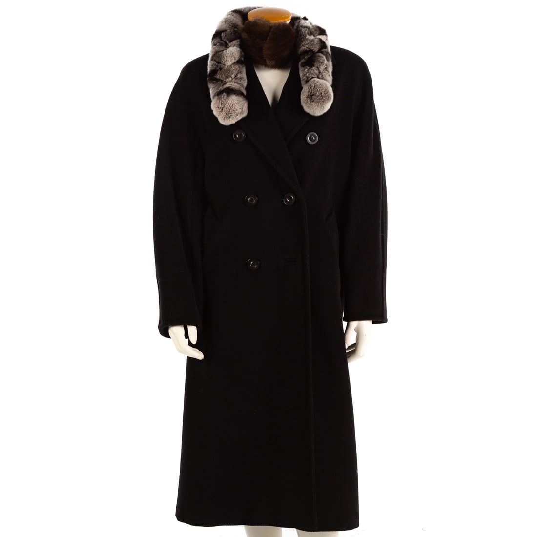 Max Mara Black Wool/Cashmere Coat: Double breasted, full length with pockets and button closure. US size 4. Together with a pair of mink earmuffs and rabbit scarf