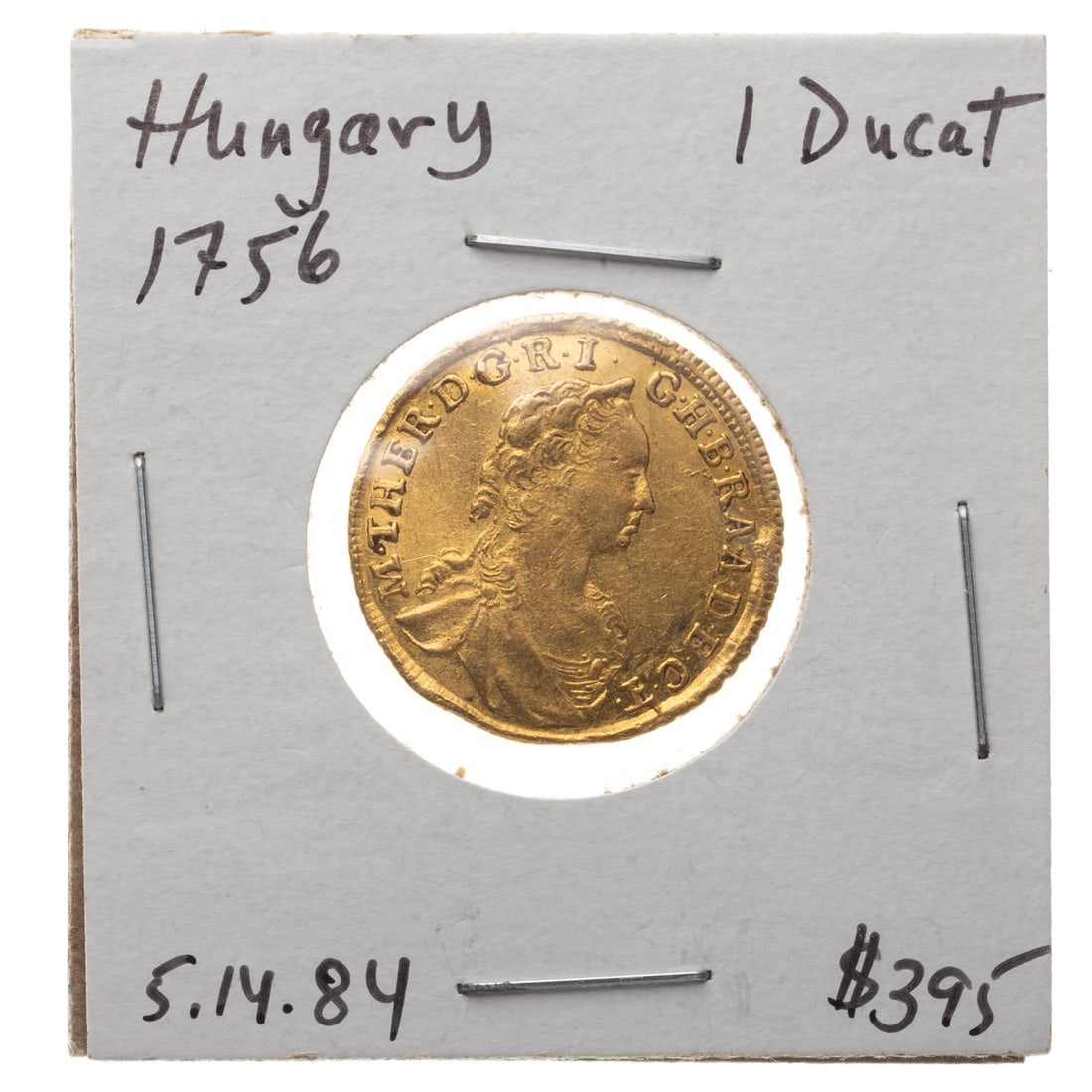 1756 Hungary Gold 1 Ducat AU: Lustrous, AGW .111 Oz. Obverse - M • THERES • D • G • R • - IMP ('Maria Theresia by the grace of God, Empress of the Romans, Queen of Hungary and Bohemia) Reverse has Madonna 