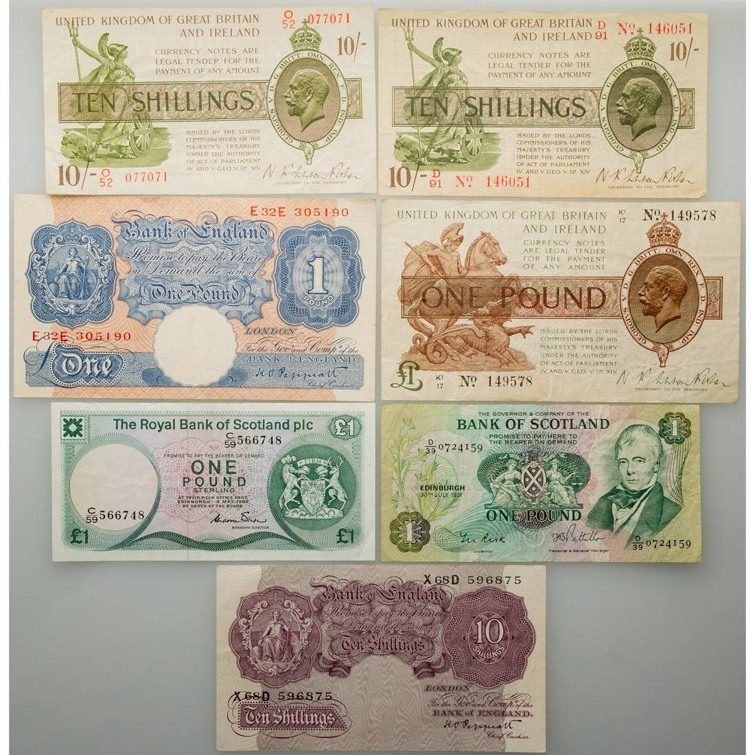 Nice Group of Early 20th Century UK Notes: 1919 ND Ten Shillings UK of Great Britain and Ireland #356 Serial # with NO F/VF; 1922 ND- Ten Shillings UK of Great Britain and Ireland, #358 - Serial # without NO - VF; #359 a or b? 1922 ND One Poun