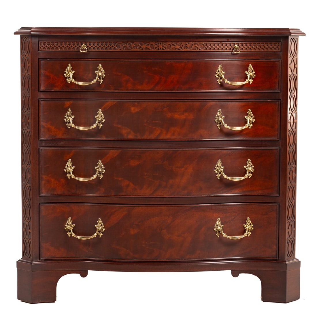 Henkel-Harris Mahogany Bachelor's Chest of Drawers: Circa 2007, in the Chippendale manner. Figured mahogany with brush slide over four graduated drawers, with fret carving on bracket feet, Henkel-Harris, Winchester, VA stamp on inside of top drawer, 34
