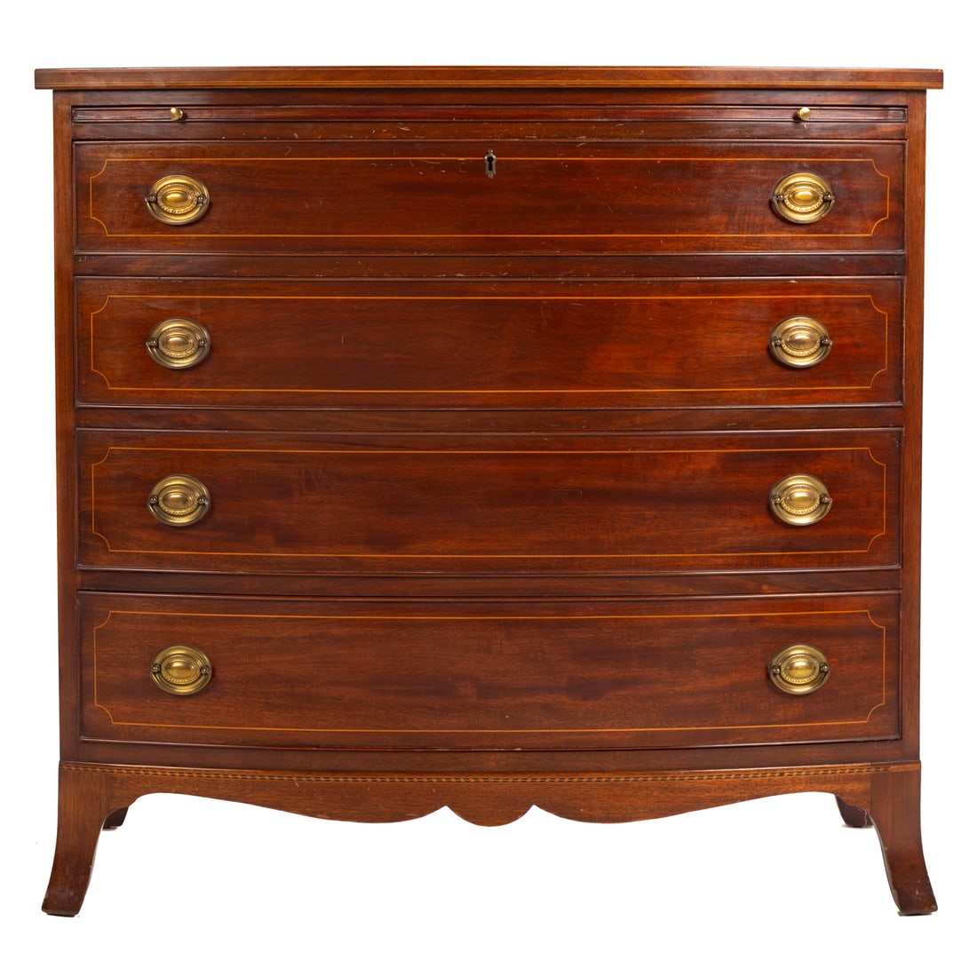 Potthast Bros Mahogany Bachelor's Chest of Drawers: Mid-20th century, in the Federal Manner, bowfront string and banded inlaid chest with brush slide and four graduated drawers over a shaped apron ending in French feet, 34 in. H, 36 in. W, 22 in. D Fro