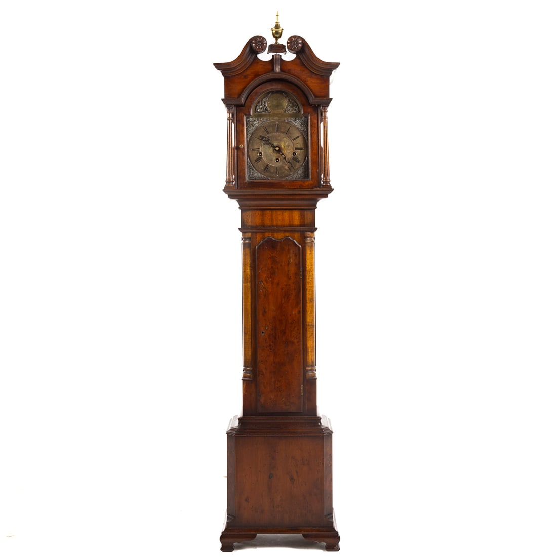 English Grandmother Clock, John Thompson: 20th century, walnut and burl walnut case, scrolled broken pediment top, single door columnar hood opens to incised steel face and works, flanked by quarter columns ending in bracket feet, 57 1/2 in.