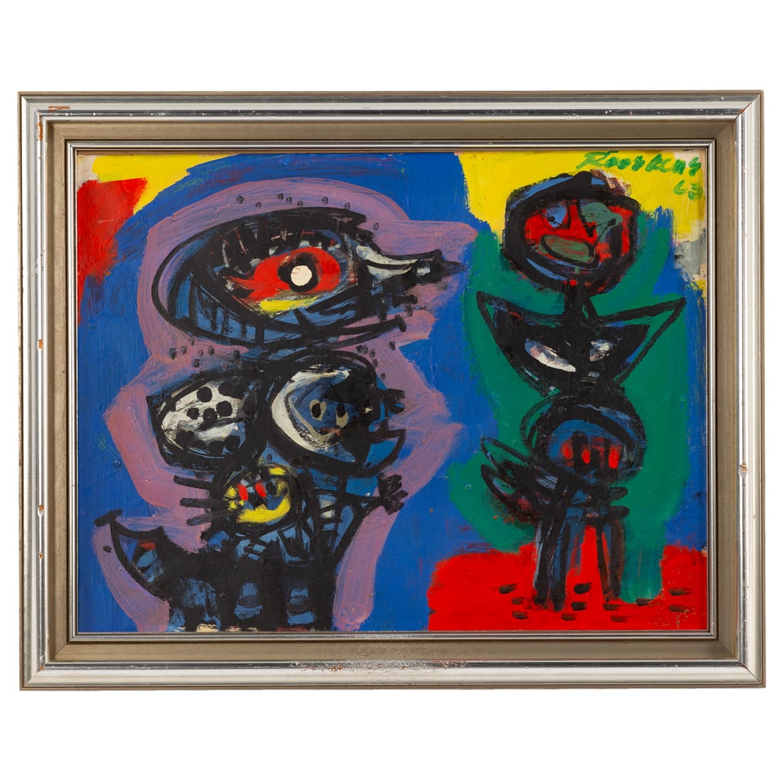 Anton Rooskens. "Child and Beast," oil: (Dutch, 1906-1976) Oil on paper, on canvas, 1963, signed and dated "Anton Rooskens" ur, further identifying information affixed on verso, sight size: 19 1/2 x 25 1/2 in., framed size: 24 1/4 x 30 1/4