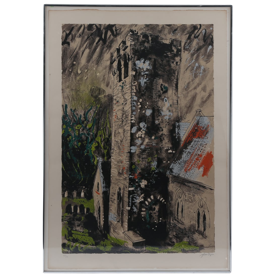 John Piper. St. Michael's Church, Castlemartin: (English, 1903-1992) Screenprint in colors on Arches paper, printed by Kelpra Studio, published by Marlborough Fine Art London, 1976, ed. 47/70, pencil signed "John Piper" lr, blind stamp lr, sheet si