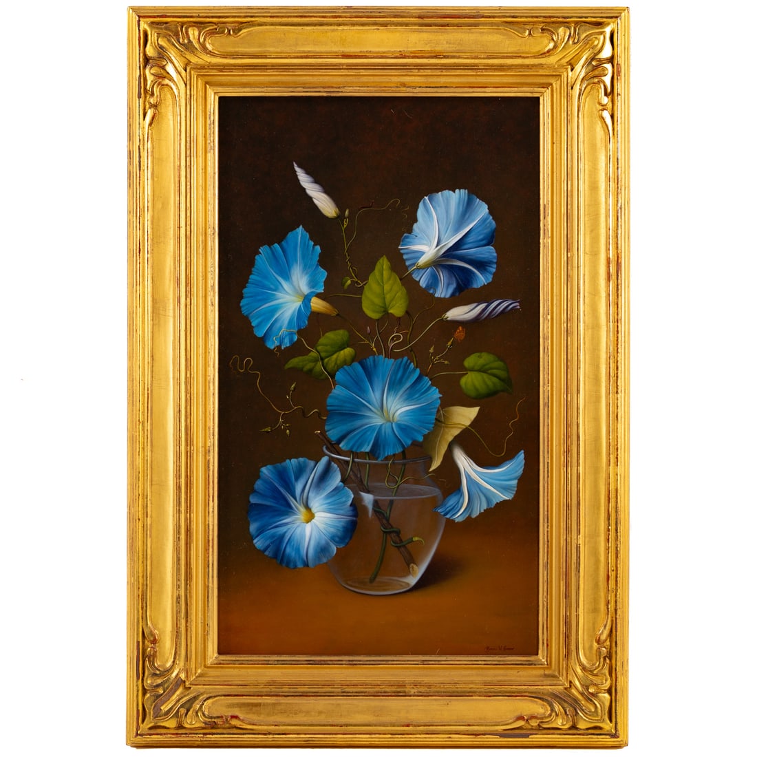 Russell W. Gordon. Morning Glories, oil: (American, b. 1968) Oil on canvas, signed "Russell W. Gordon" lr, 24 x 14 in., framed size: 31 x 21 in.
