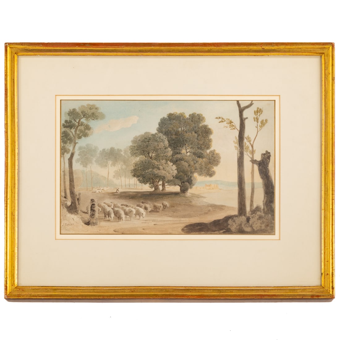 John Varley I. Sheep at a Ford, watercolor: (British, 1778-1842) Watercolor on paper, signed "J. Varley" ll, sheet size: 10 1/2 x 16 1/2 in., framed size: 20 x 25 1/2 in.