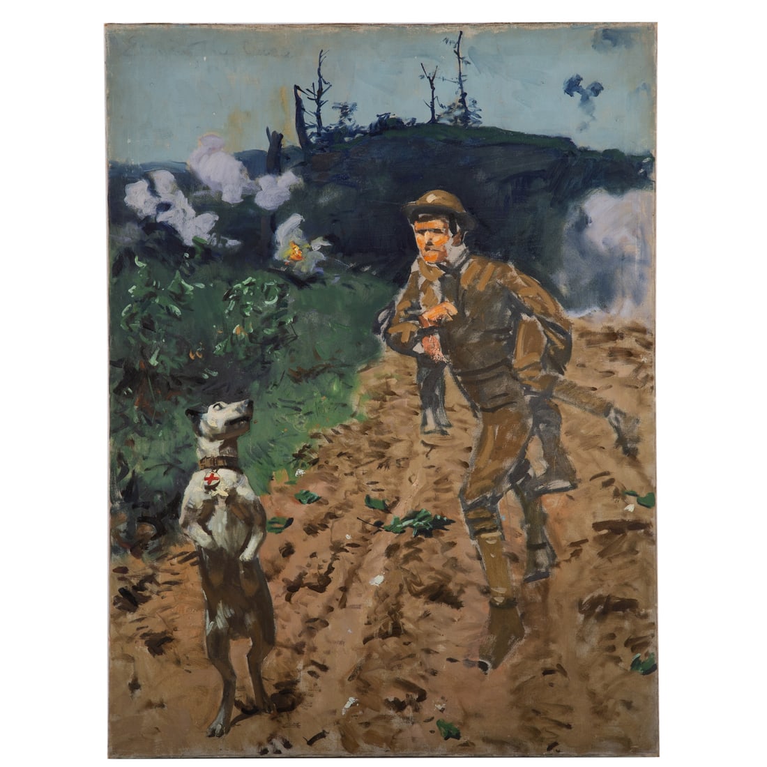 Gilbert Gaul. "Winning the DSO," oil: (American, 1855-1919) Oil on canvas, unsigned, titled on verso, inscribed "Earning the Cross" ul, 40 x 30 in., unframed Doyle Auctions, November 8, 2023 sale tag attached to verso