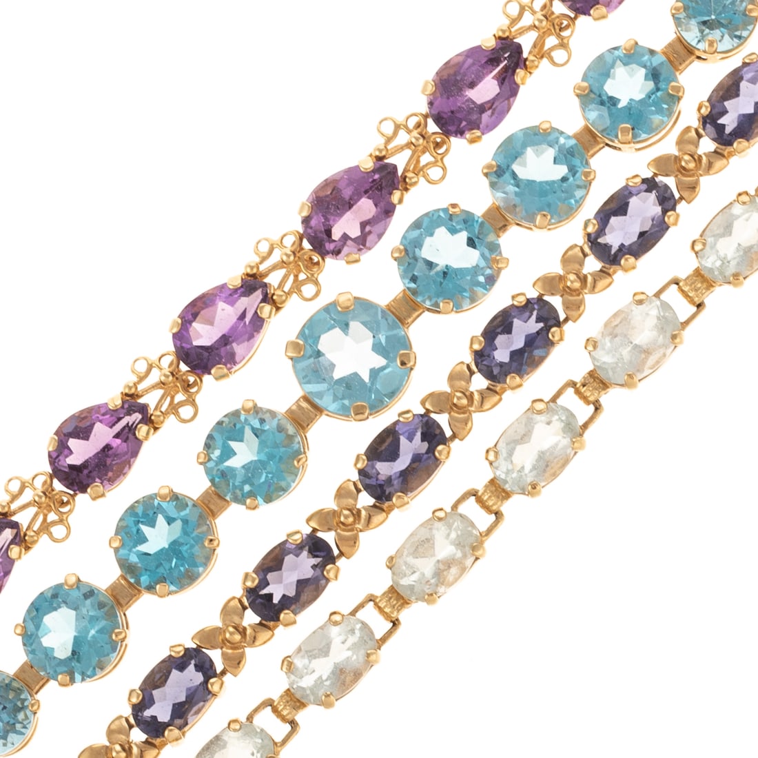 A Collection of Gemstone Link Bracelets in 14K: 1) 14K yellow gold bracelet with round blue topaz tapering in size from 4.3 - 7.5 mm, lobster clasp, 7 1/2 in. L, 2) 14K yellow gold pear shape amethyst link bracelet, box clasp with safety latch, 7 1