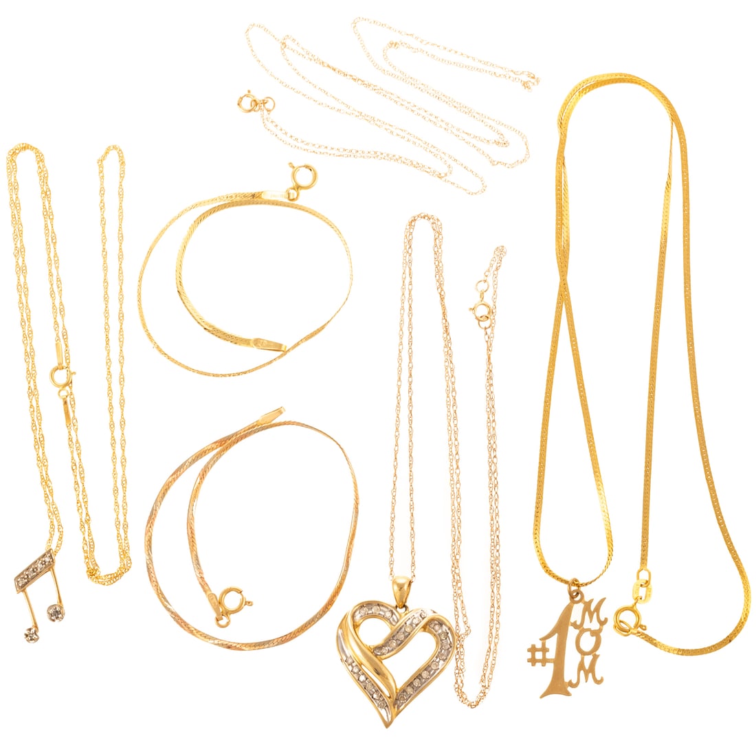 A Group of Chains, Pendants, & Bracelets in 14K & 10K: 1) 14K yellow gold Italian herringbone necklace featuring a "#1 Mom" pendant in 14K, 18 in. L, 2) 14K yellow gold Italian rope necklace featuring a 10K musical note with bead set round diamond accents