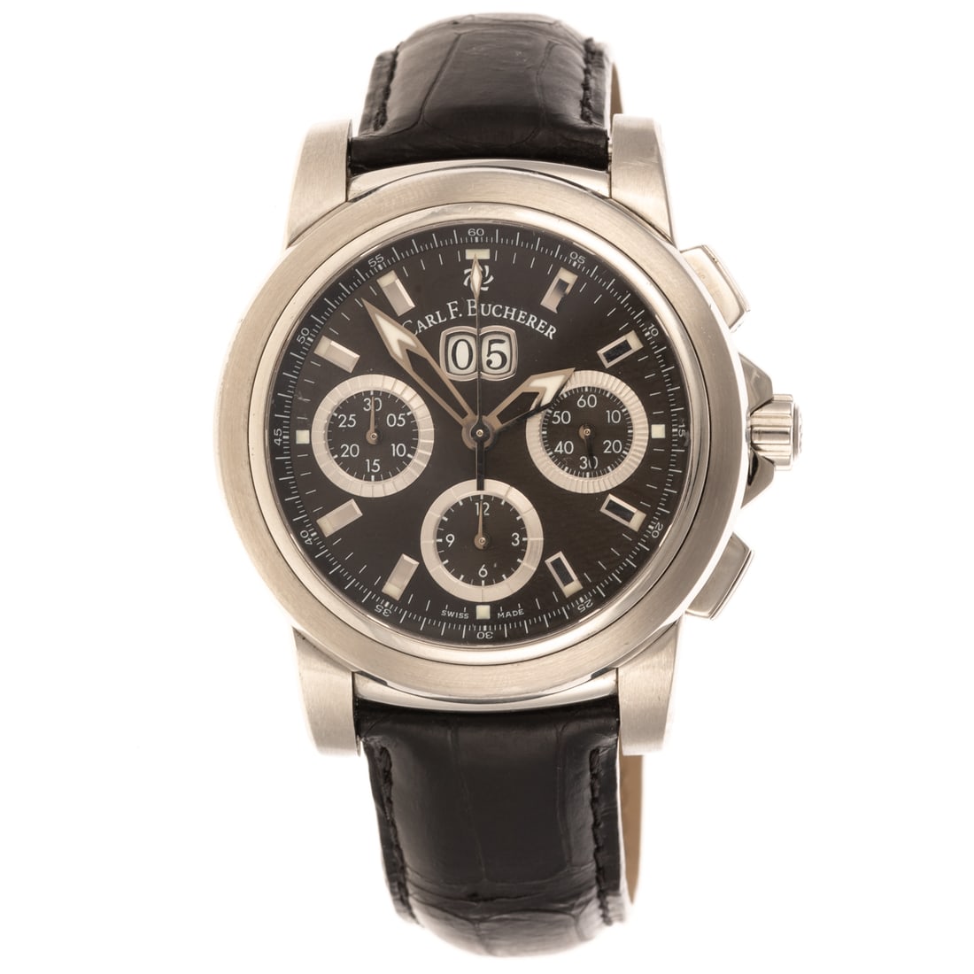 A Carl F. Bucherer Patravi Chronograph in Stainless Steel: Stainless steel Carl F. Bucherer Patravi chronograph, ref. 10611.08, Switzerland, with black dial and baton indices, luminescent hour, minute and subsidiary second hands, date window at 12 o'clock, th