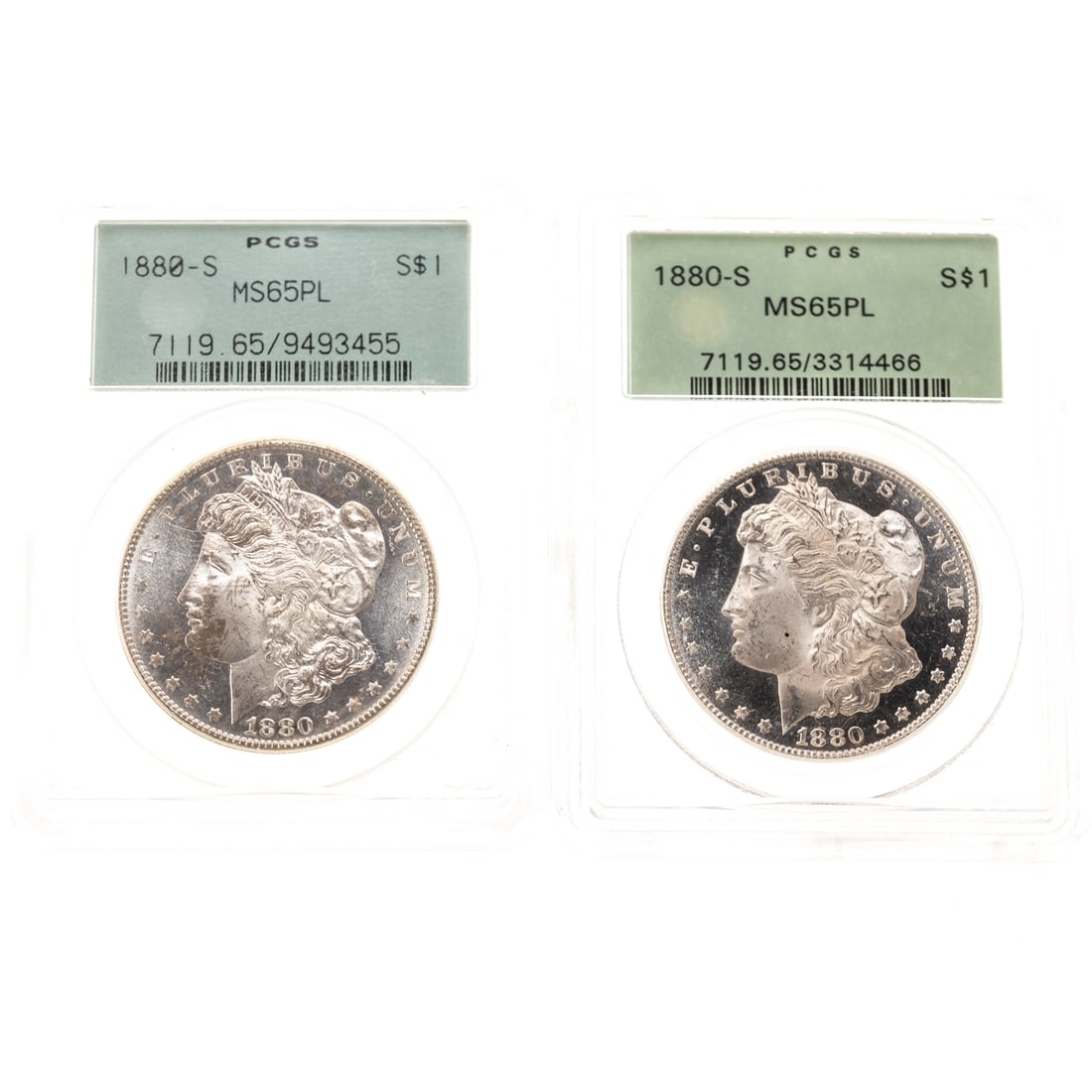Two 1880-S PCGS MS65 PL Morgan Dollars (1 of 5)