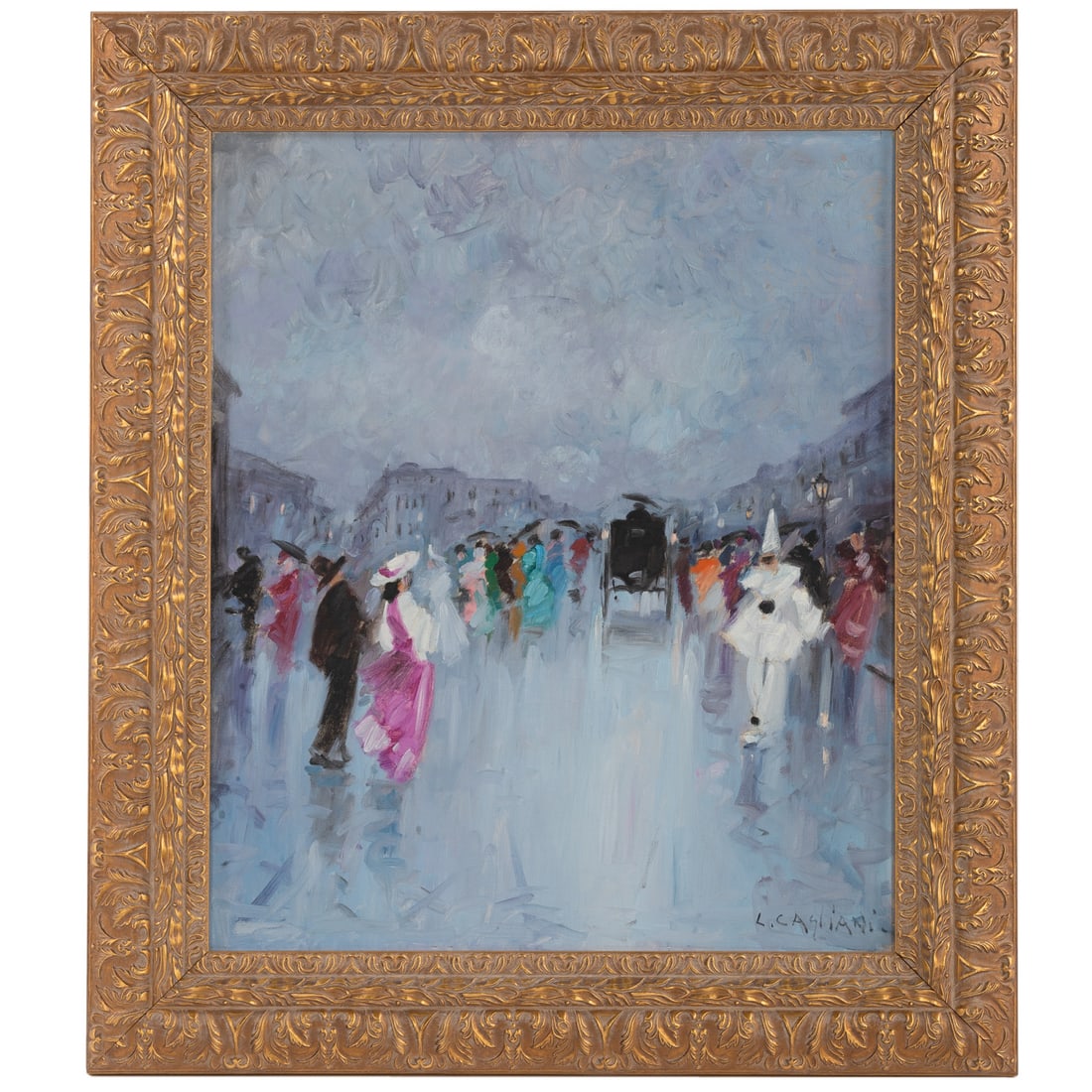 Luigi Cagliani. Parisian Street Scene, oil: (Italian, 20th century) Oil on canvas, signed "L. Cagliani" lr, 30 x 30 in., framed size: 39 x 34 in. Procenance: From a private collection, Oviedo, FL