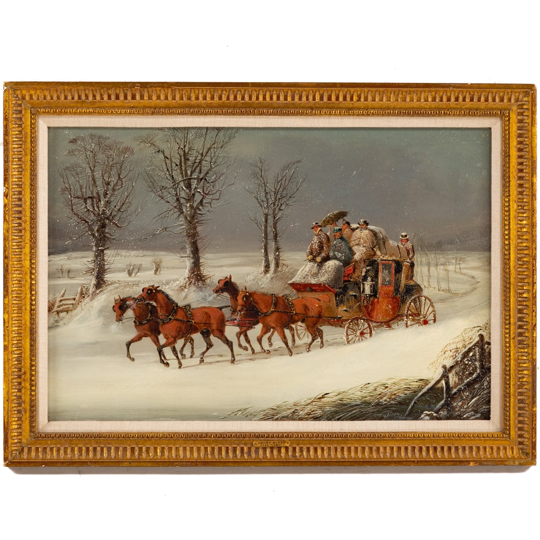Henry Thomas Alken I. "York to London Coach," oil: (British, 1785-1851) Oil on panel, signed "H. Alken" ll, sight size: 11 3/4 x 18 1/4 in., framed size:15 x 21 in. Procenance: Newhouse Galleries, New York, N.Y. label on verso, comes with 2004 Sotheby