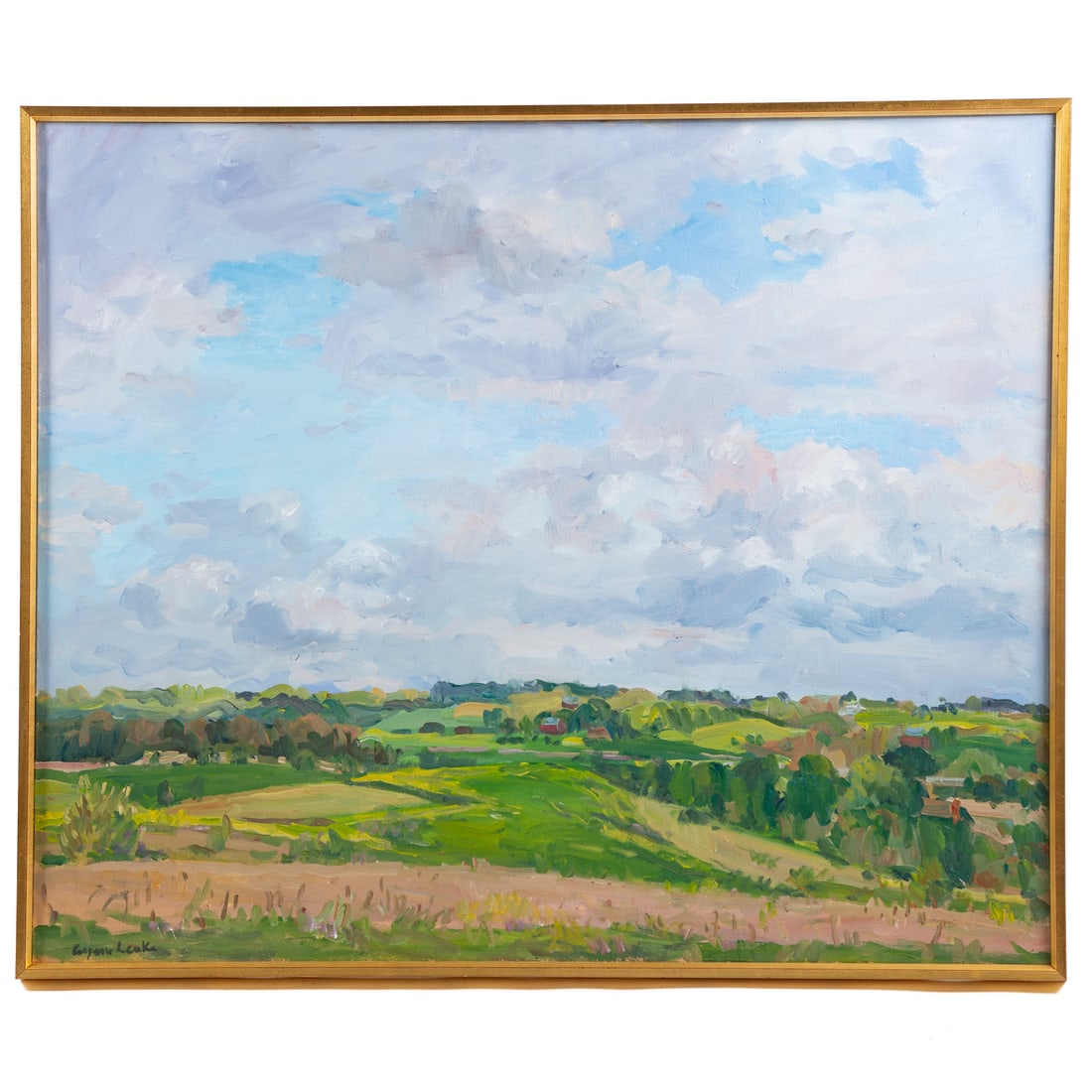 Eugene W. Leake. "Madonna Spring Fields," oil: (American, 1911-2005) Oil on canvas, signed "Eugene Leake" ll, signed, titled and dated 1984 on verso, sight size: 39 x 48 in., framed size: 41 1/2 x 49 1/2 in. Procenance: From a private collection,