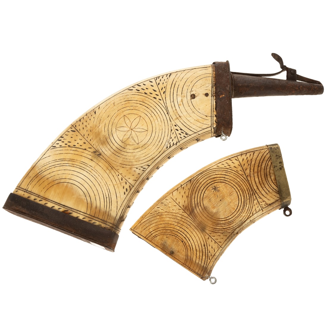 Two Antique German Carved Horn Powder Flasks (1 of 4)