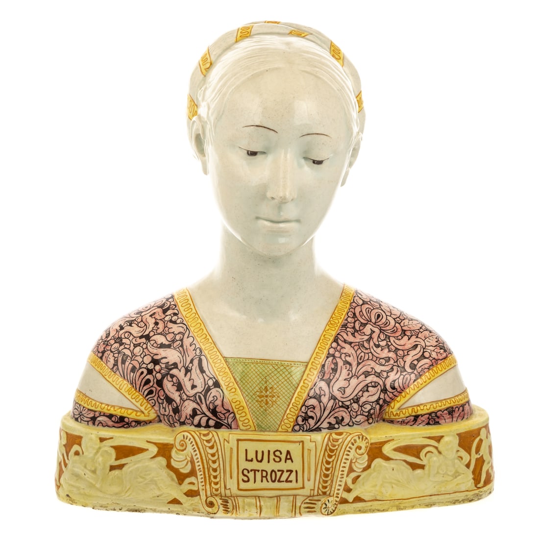 An Italian Majolica Bust: Depicting "Luisa Strozzi," unsigned, approx. 18 in. H., 16 1/2 in. L, approx. 7 3/4 in. W