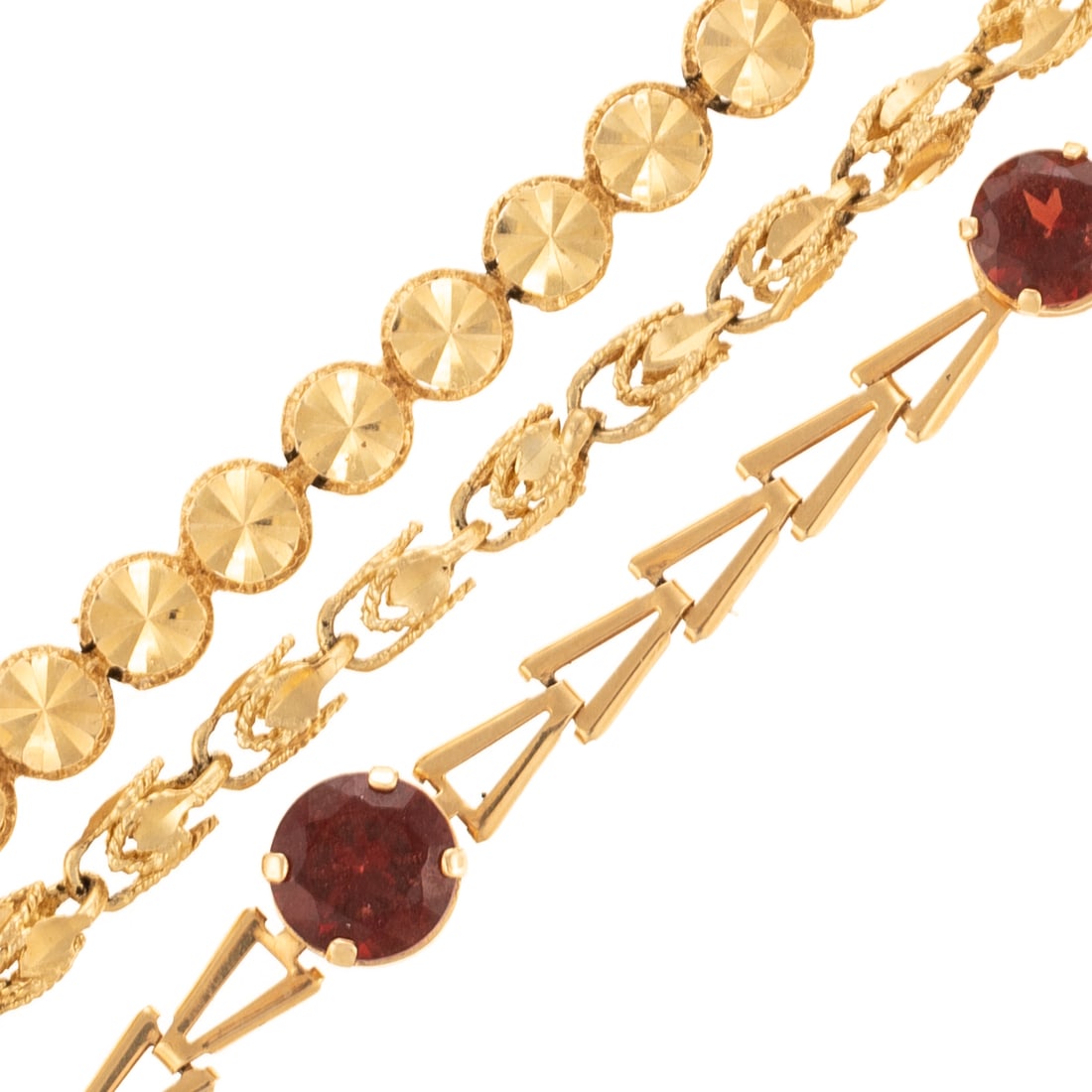 Three Unique Link Bracelets in 14K: 1) 14K yellow gold bracelet by OroAmerica featuring round bright cut links, hidden box clasp with figure eight safety, 8 in. L, 2) 14K yellow gold bracelet featuring intertwined open work leaf links w