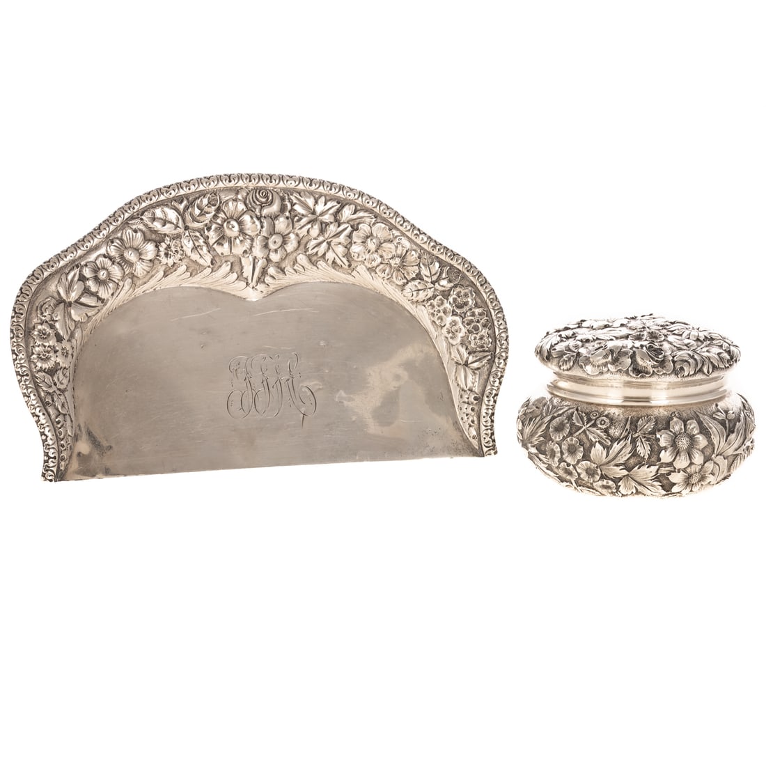Jacobi & Jenkins Sterling Repousse Hollowware: Including a covered dresser jar, 2 1/2 in. H, 4.85 ozt.; and a monogrammed crumb tray, 8 in. W, 4 3/4 in. D, 4.75 ozt. Provenance: From a Baltimore, MD Estate