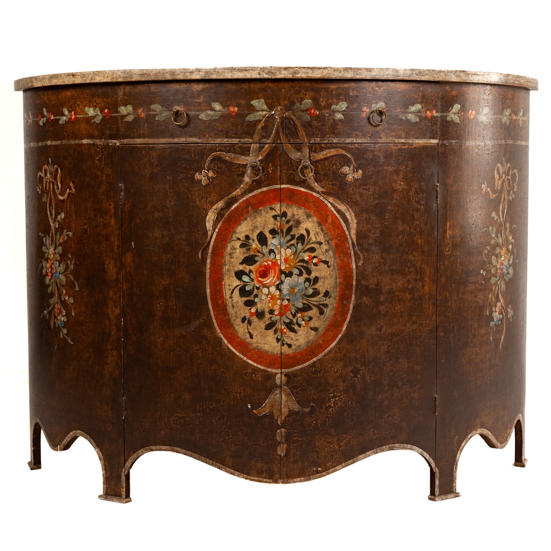 Turazzo Rustic Painted Demilune Console: Late 20th century, made in Italy, 36 1/2 in. H, 49 in. W, 20 in. D