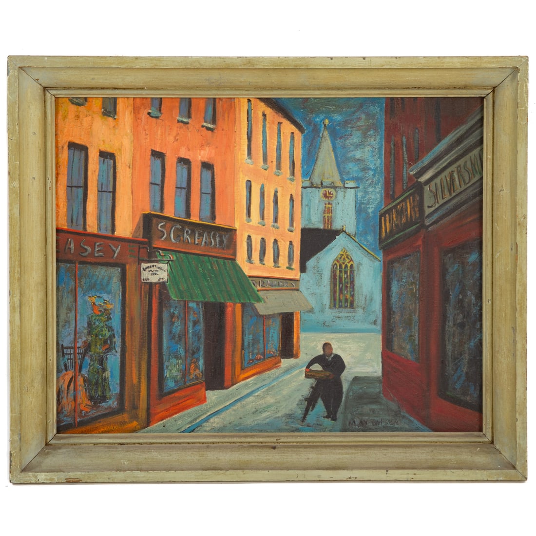 May Wilson. Street Scene, oil: (American, 1905-1985) Oil on canvas board, signed "May Wilson" lr, sight size: 15 1/2 x 19 1/2 in., framed size: 19 1/2 x 23 1/2 in. Provenance: From a private collection, Woodbine, MD