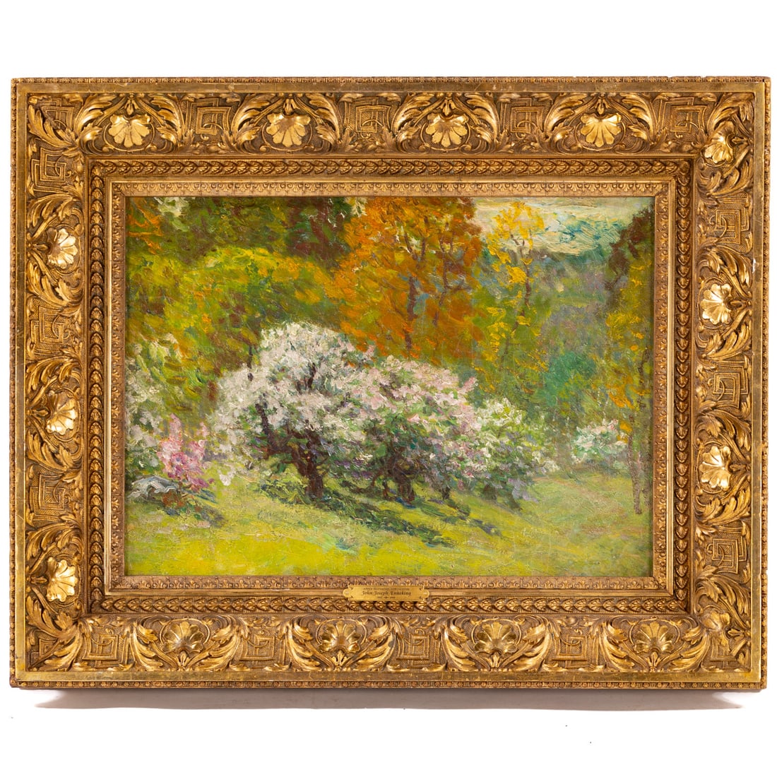 Attributed to John Joseph Enneking. "Apple Blossoms, Springtime," oil: (American, 1841-1916) Oil on canvas, unsigned, attribution on frame plaque, 16 x 22 in., framed size: 24 1/4 x 30 1/4 in.