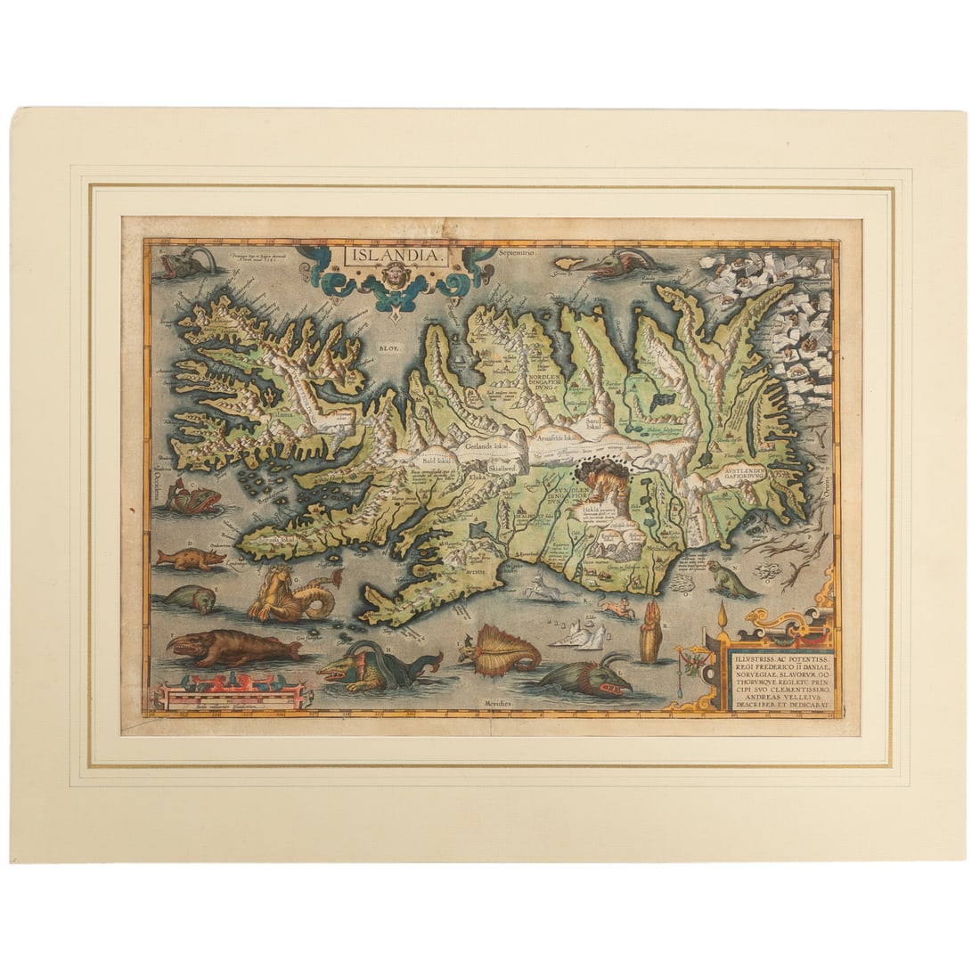 Abraham Ortelius. "Islandia," copper engraving: (Belgian, 1527-1598) Hand colored engraving with descriptive text on verso, plate size: 13 7/8 x 19 1/4 in., 17 x 21 3/4 in., unframed