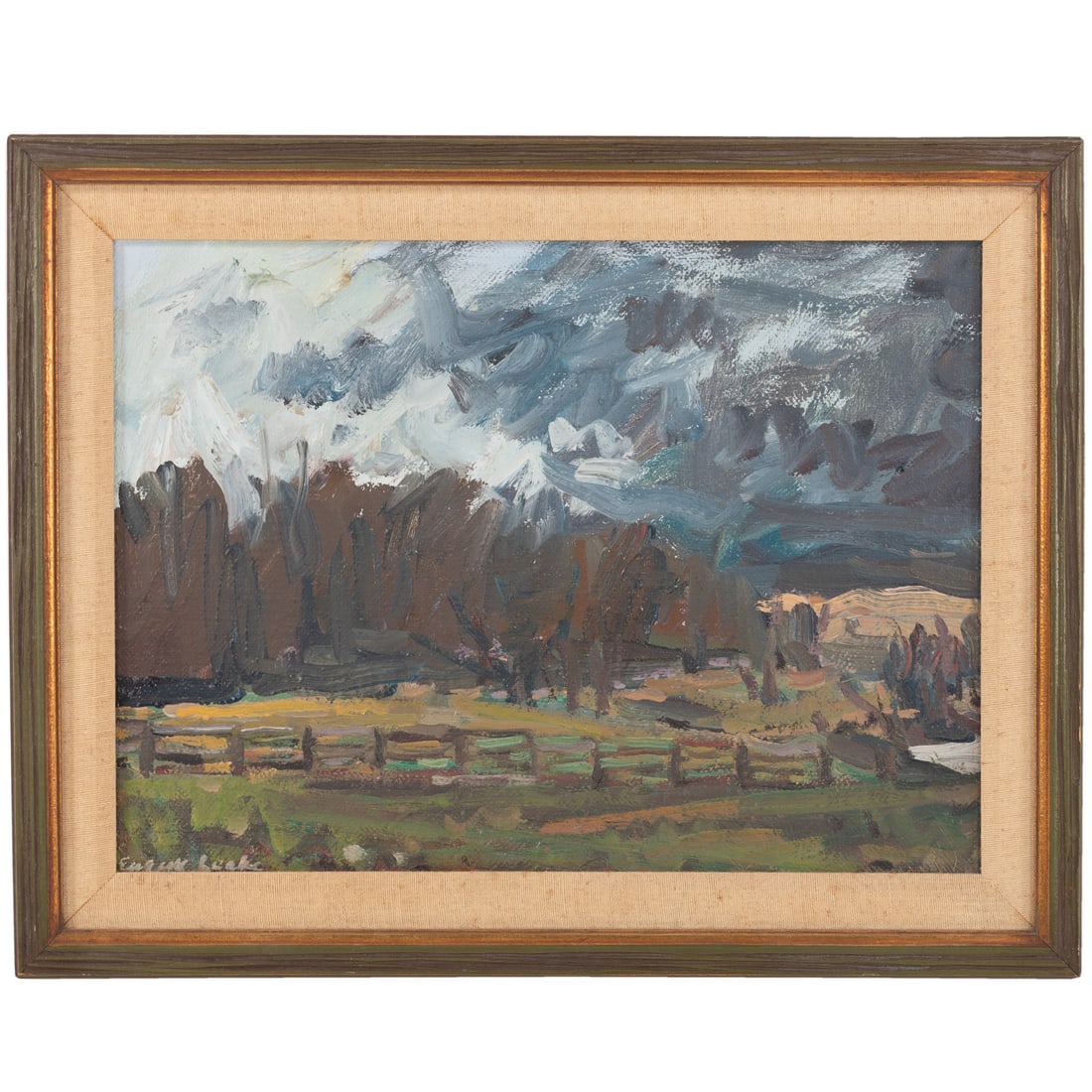 Eugene W. Leake. "Breaking Storm," oil: (American, 1911-2005) Oil on canvas, signed "Eugene Leake" ll, signed, titled and dated on card attached to verso, 12 x 16 in., framed size: 14 3/4 x 19 in. Provenance: From the Margaret and Jerry Guc