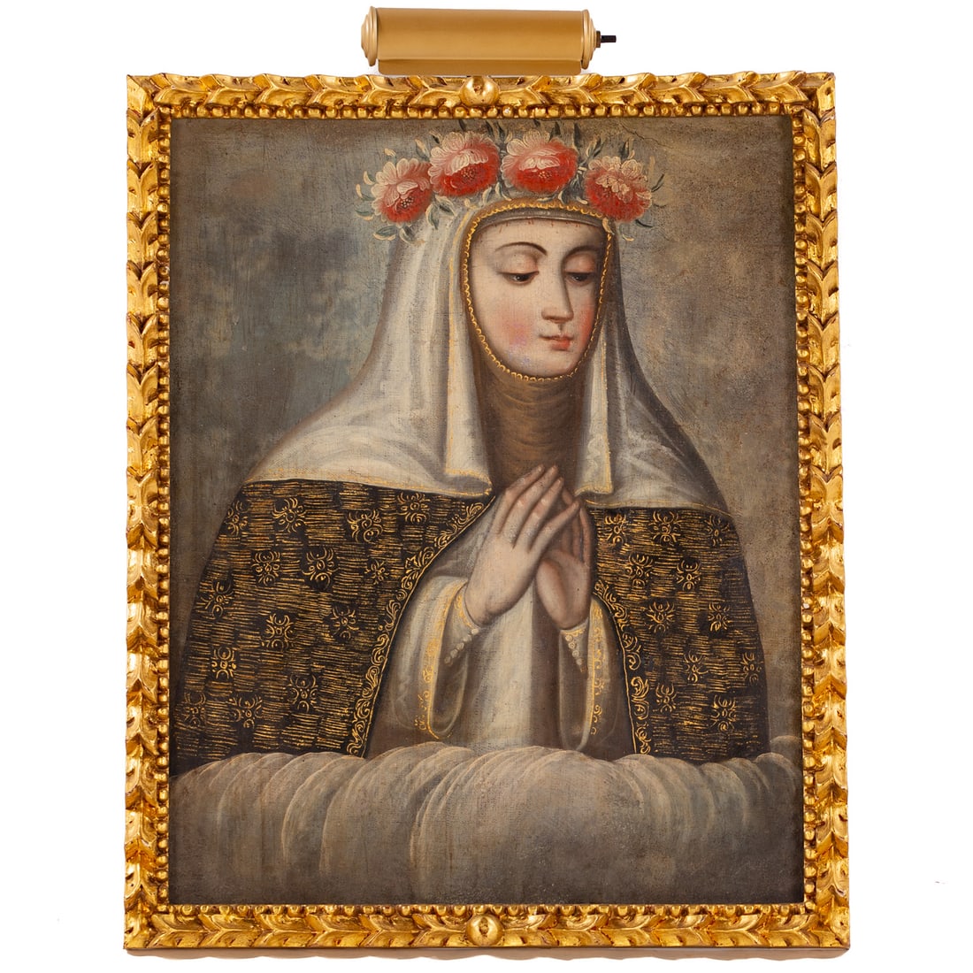 Cuzco School. Saint Rose of Lima, oil: (19th century or earlier) Oil on canvas, sight size: 25 x 20 in., framed size: 27 x 22 in.
