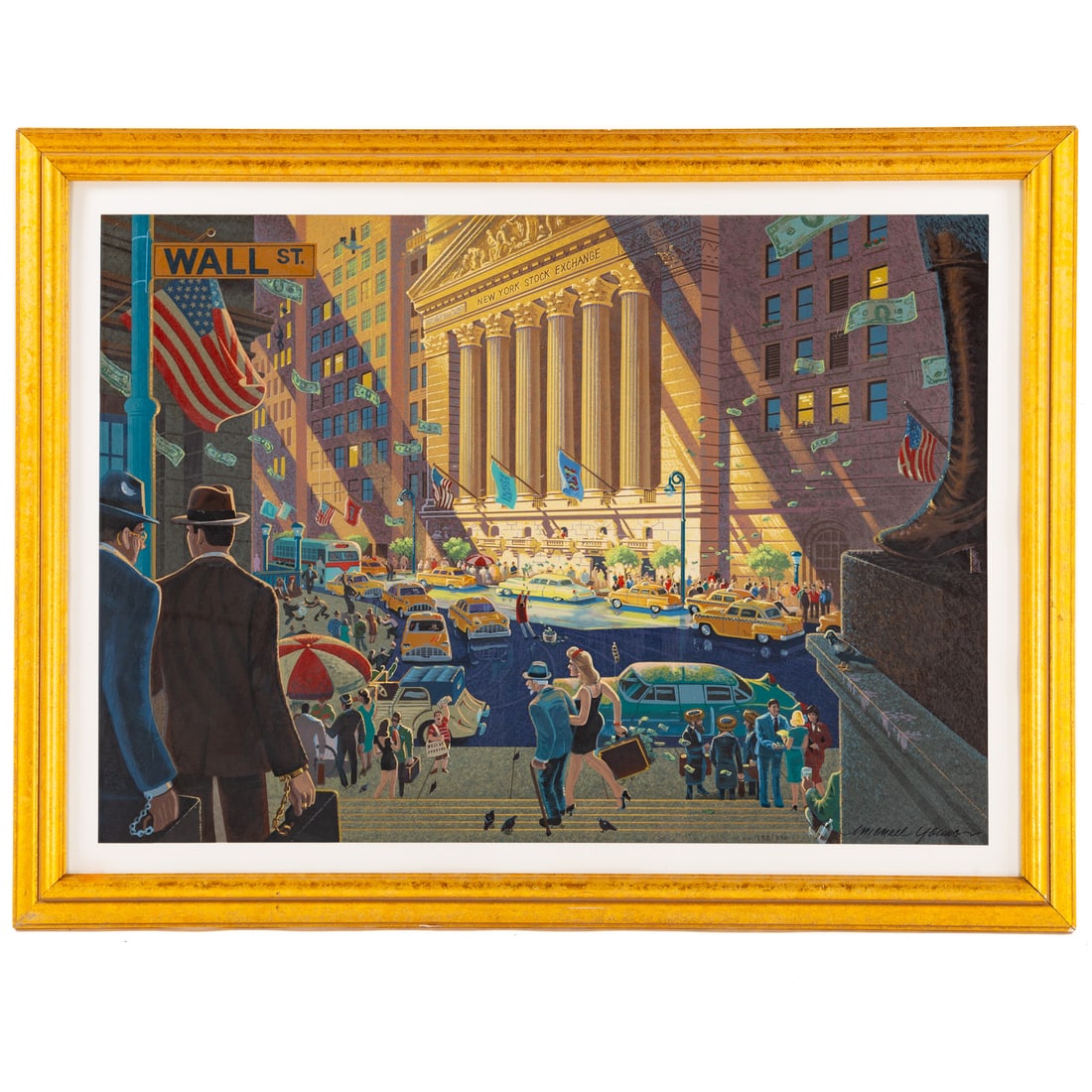 Michael Young. "A Day on Wall Street," serigraph: (American, b. 1952) Serigraph in colors, ed. 193/350, signed "Michael Young" lr, sight size: 25 1/2 x 36 in., framed size: 32 1/2 x 43 in. Provenance: From a private collection, Severna Park, MD