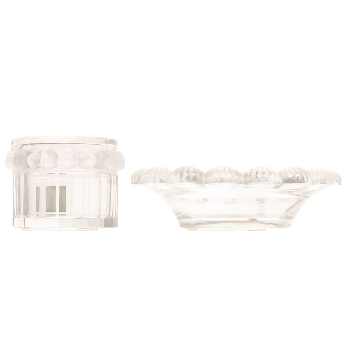A Lalique "Robinson" Dresser Jar & "Pornic" Bowl: A Lalique crystal "Robinson" lidded dresser jar with frosted birds, inscribed "Lalique France," on bottom with original Made in France sticker and box, 3 1/2 in. H, 4 3/4 in. Diam.; and a Lalique crys