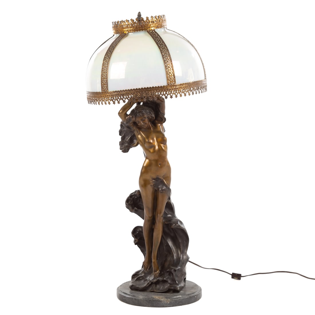 After Vittorio Caradossi "By The Sea" Lamp: A bronze three-light after Vittorio Caradossi "By The Sea" figural lamp with an iridescent glass shade and marble base. Signed "V Caradossi," on back of the large wave, approx. 34 in. H, shade is 13 3