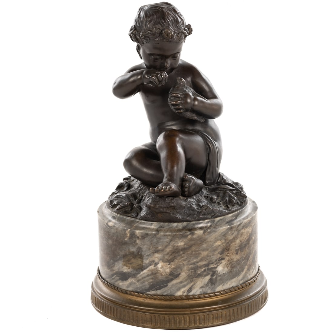 After Jean-Baptiste Pigalle. "Enfant nourrissant .: After Jean-Baptiste Pigalle "Enfant nourrissant un oiseau" bronze depicting child feeding a bird, mounted on marble base, 12 in. H, approx. 7 1/4 in. Diam.