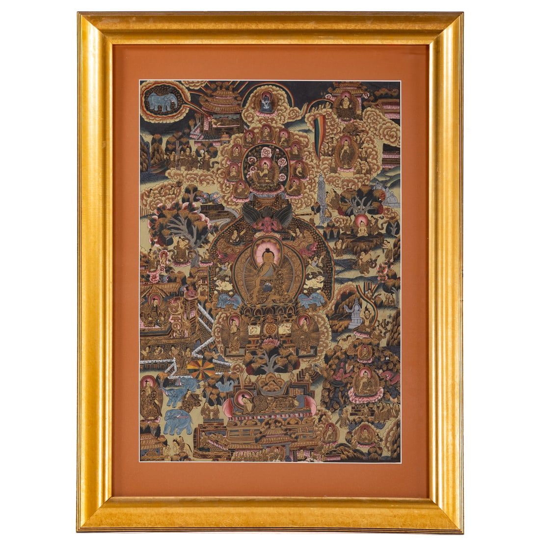 "Life of Buddha" Thangka: Probably 19th century, gouache on silk, sight size: 28 x 19 1/4 in., framed size: 38 3/4 x 29 in.