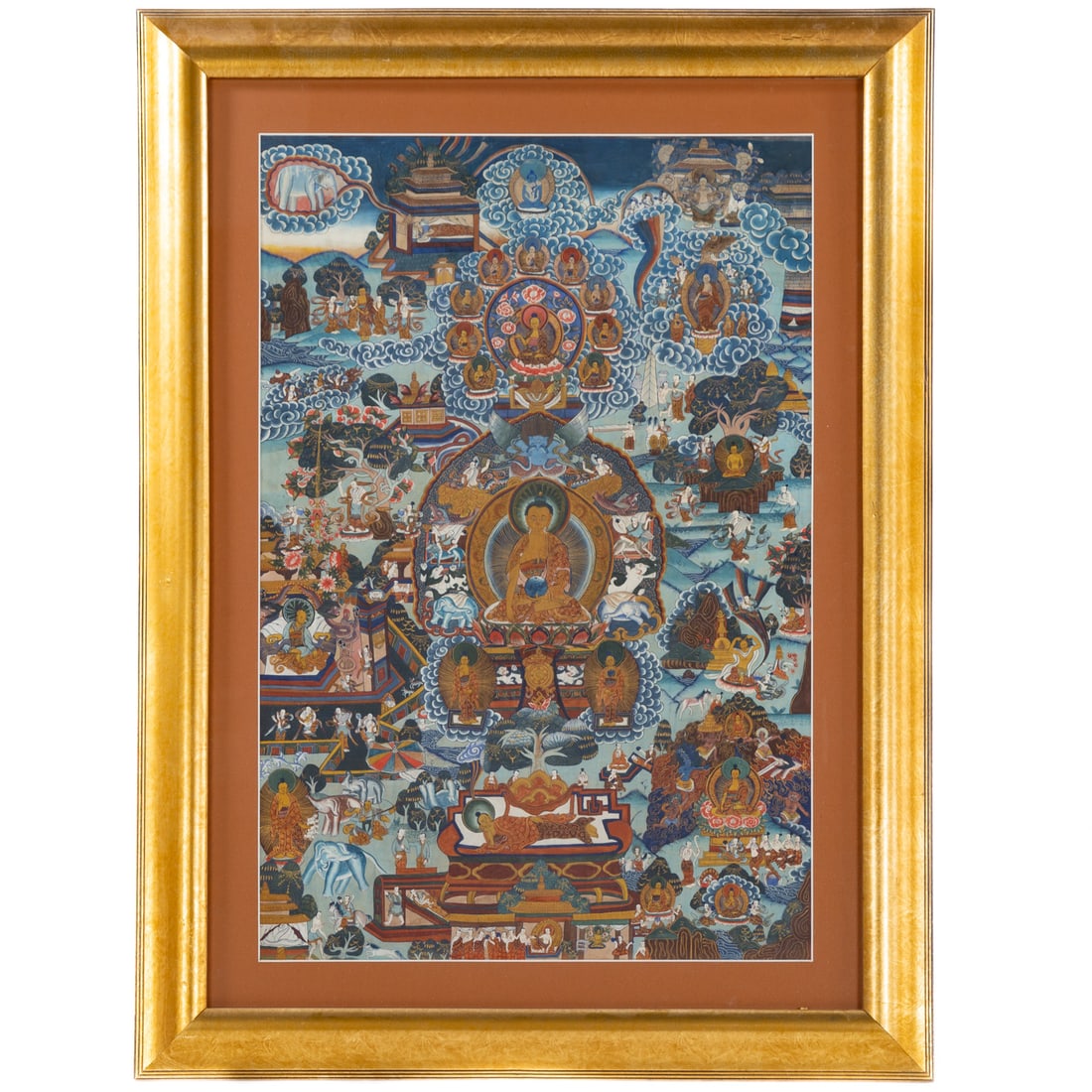 "Life of Buddha" Thangka: Probably 19th century, gouache on silk, sight size: 29 3/4 x 19 1/4 in., framed size: 38 3/4 x 29 in.