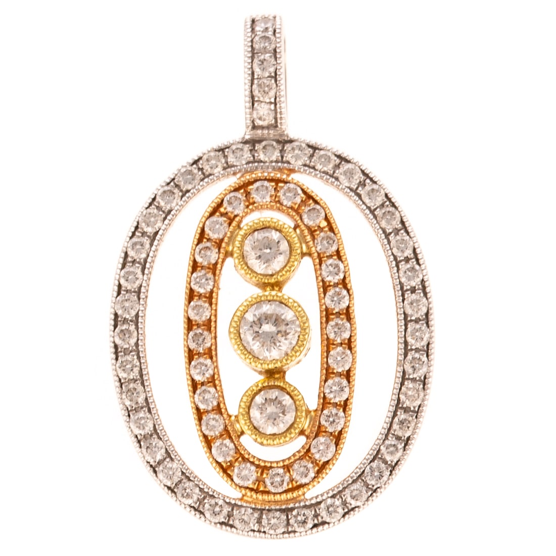 A Simon G Diamond & Tri-Color Gold Pendant in 18K: 18K tri-color gold oval pendant by Simon G featuring a trio of round diamonds in yellow gold bezel settings arranged in a larger oval of pave diamond set rose gold, all in a diamond pave set white gol