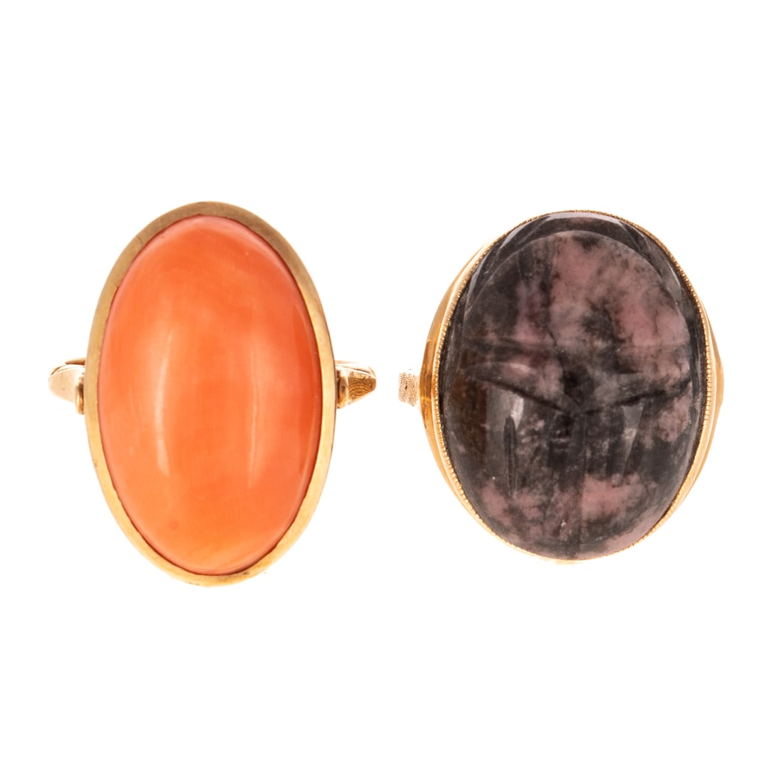 Two Bezel Set Rings in 14K: Rhodonite & Coral (1 of 5)