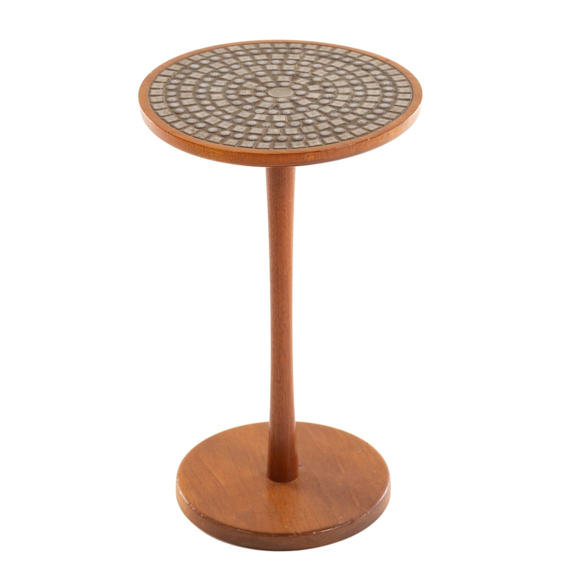 Gordon Martz Style Mid Century Tile Top Side Table: Mid-20th century, teak wood, unmarked, 18 3/4 in. H, 11 1/4 in. Diam.
