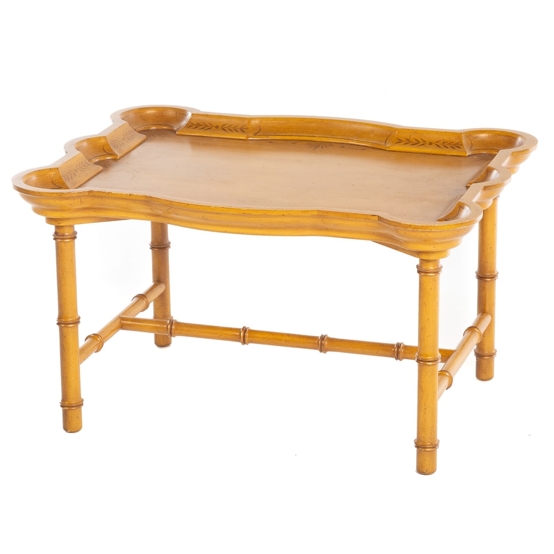 John Widdicomb Painted Fruitwood Coffee Table: Molded top with paint decoration over faux bamboo stretchers and legs, John Widdicomb label underneath, 18 in. H, 32 in. W, 24 in. D