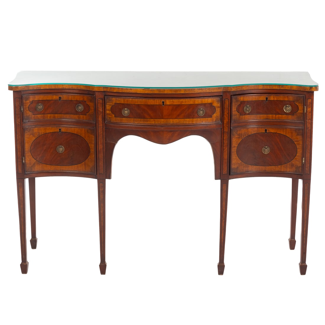 George III Style Mahogany Banded Sideboard: 20th century, serpentine top over one drawer, flanked by two cabinets, tapered legs ending on spade feet, inlaid throughout, 33 1/2 in. H, 52 in. W, 19 1/4 in. D